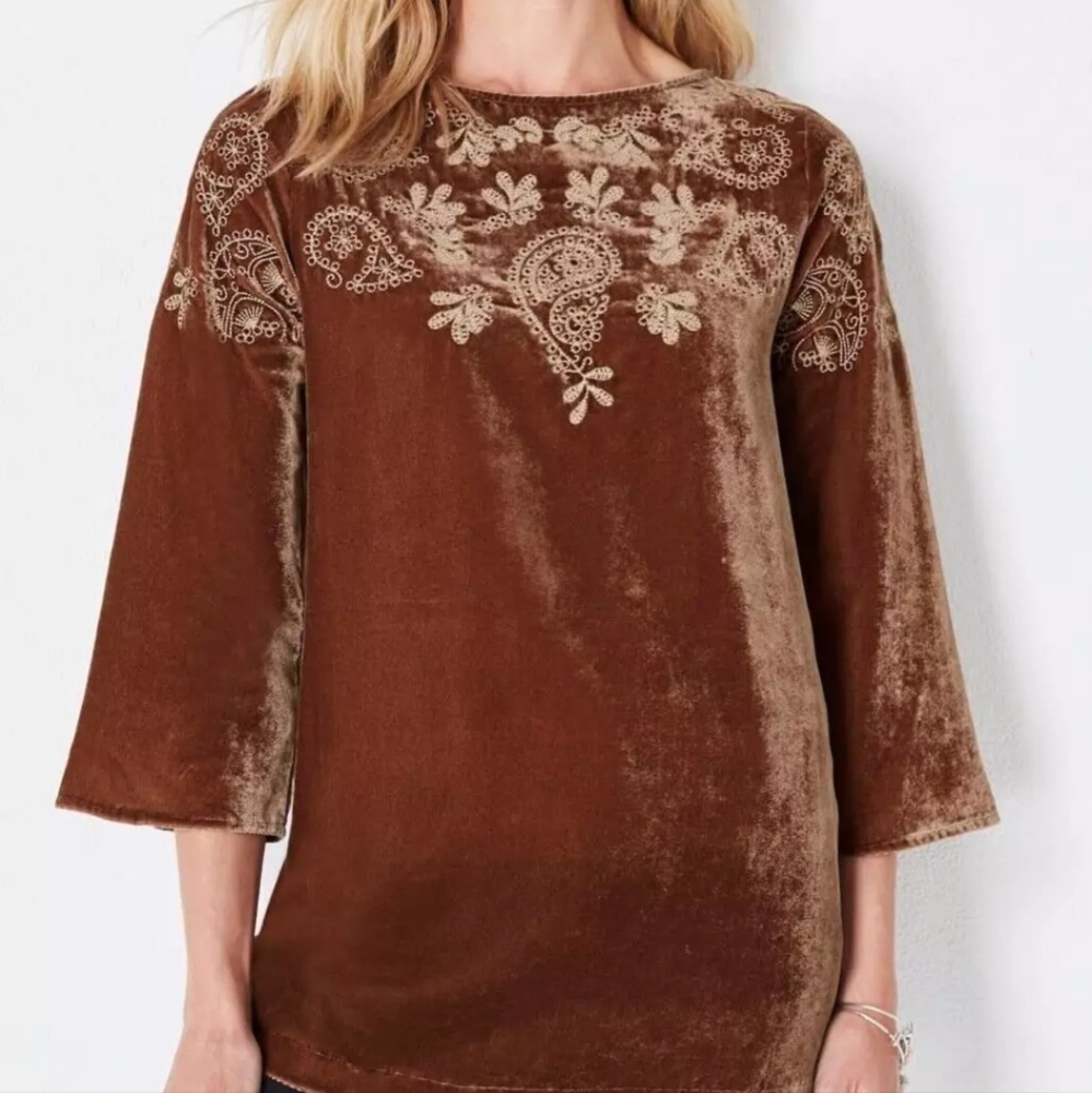 J.Jill Luxurious Velvet Embroidered Bell-Sleeve Top ~ NWT $159